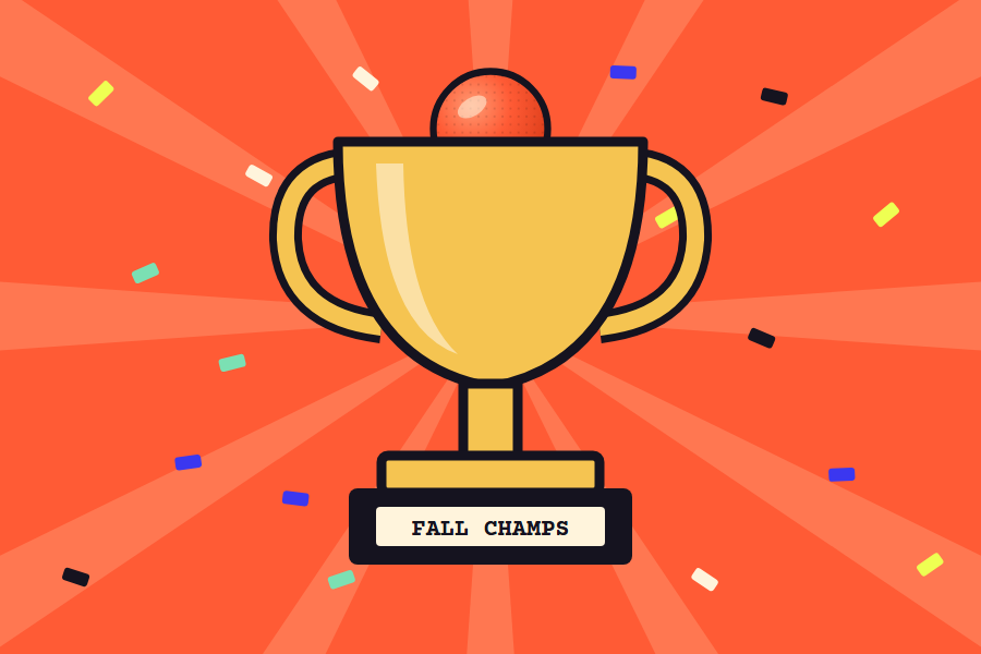 Illustration of a giant gold trophy with a dodgeball on top and a Fall Champs plaque