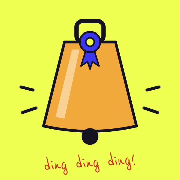Illustration of a gold victory cowbell with a blue ribbon