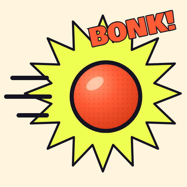 Illustration of a dodgeball mid-flight with a BONK burst